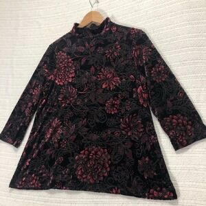 Chico's Velvet Burnout Floral Mock Neck Long Sleeve Top Size 1‎